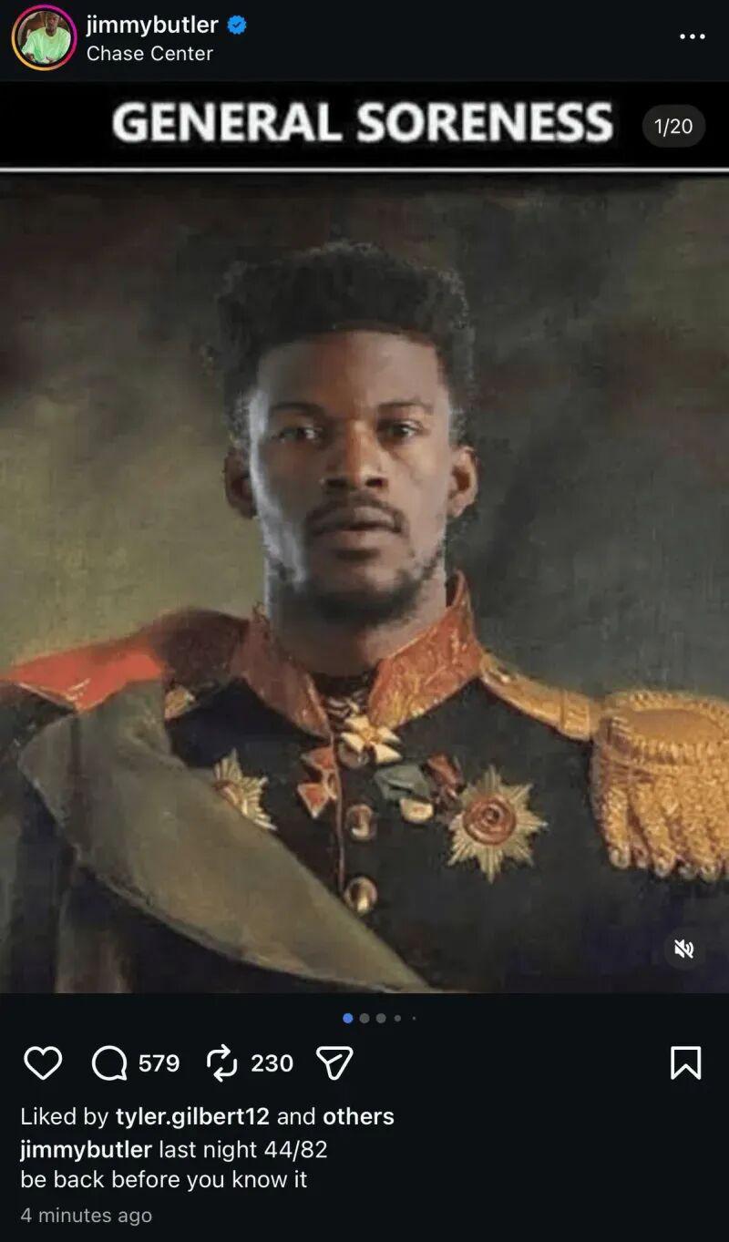 49图库官方版-一图流|巴特勒赛季报销心情不错，晒图自嘲：酸痛将军！